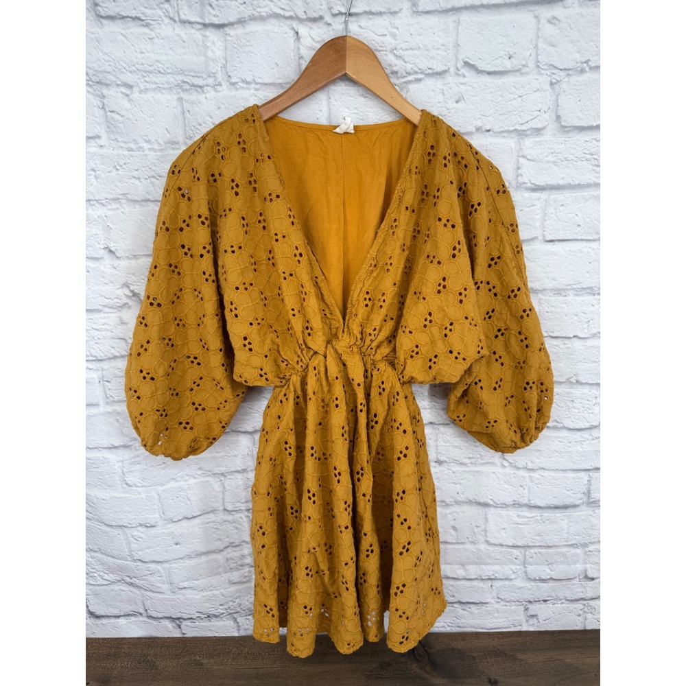 ByTogether Eyelet Mini Dress M Mustard Boho Cottagecore Prairie Puff Sleeve - Picture 2 of 12